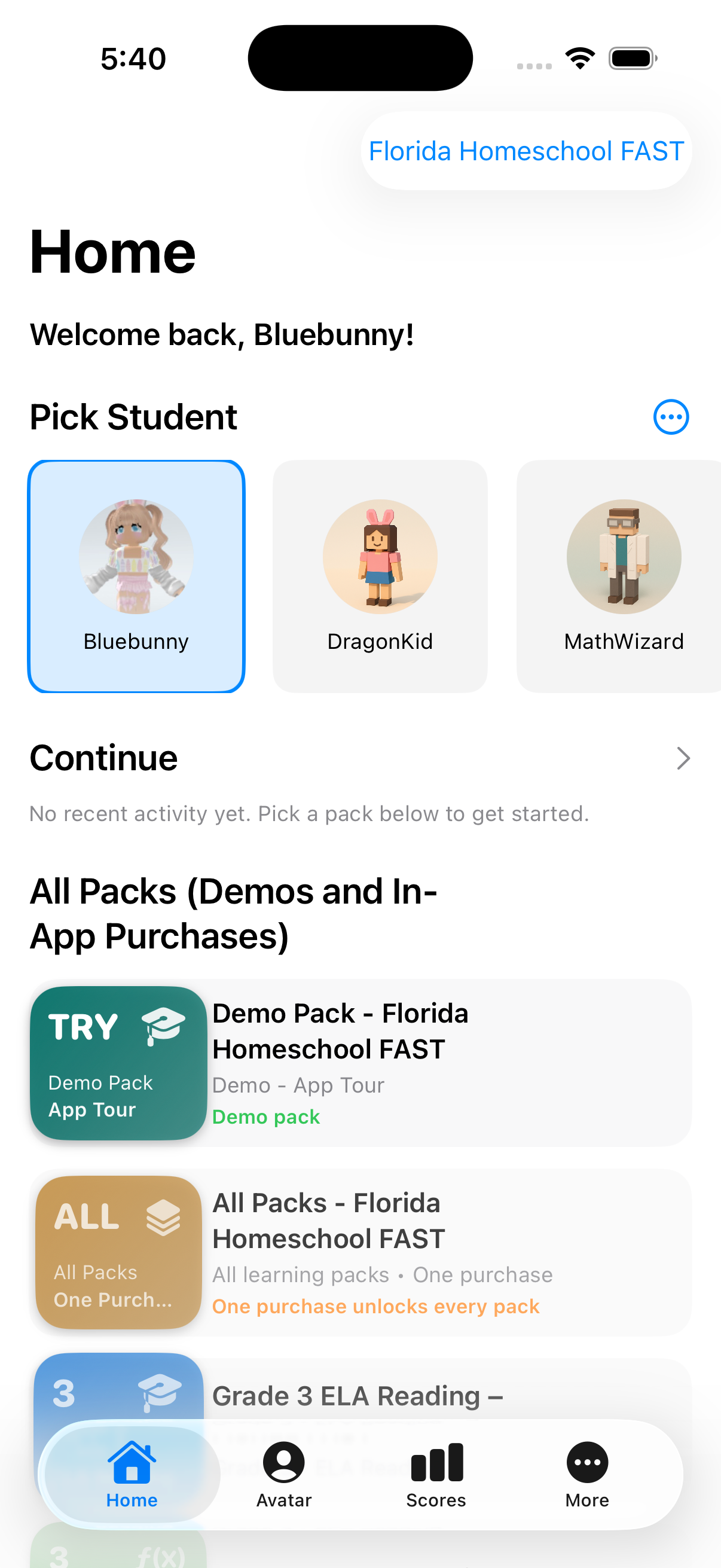 Florida Homeschool FAST home screen with student profiles and learning packs