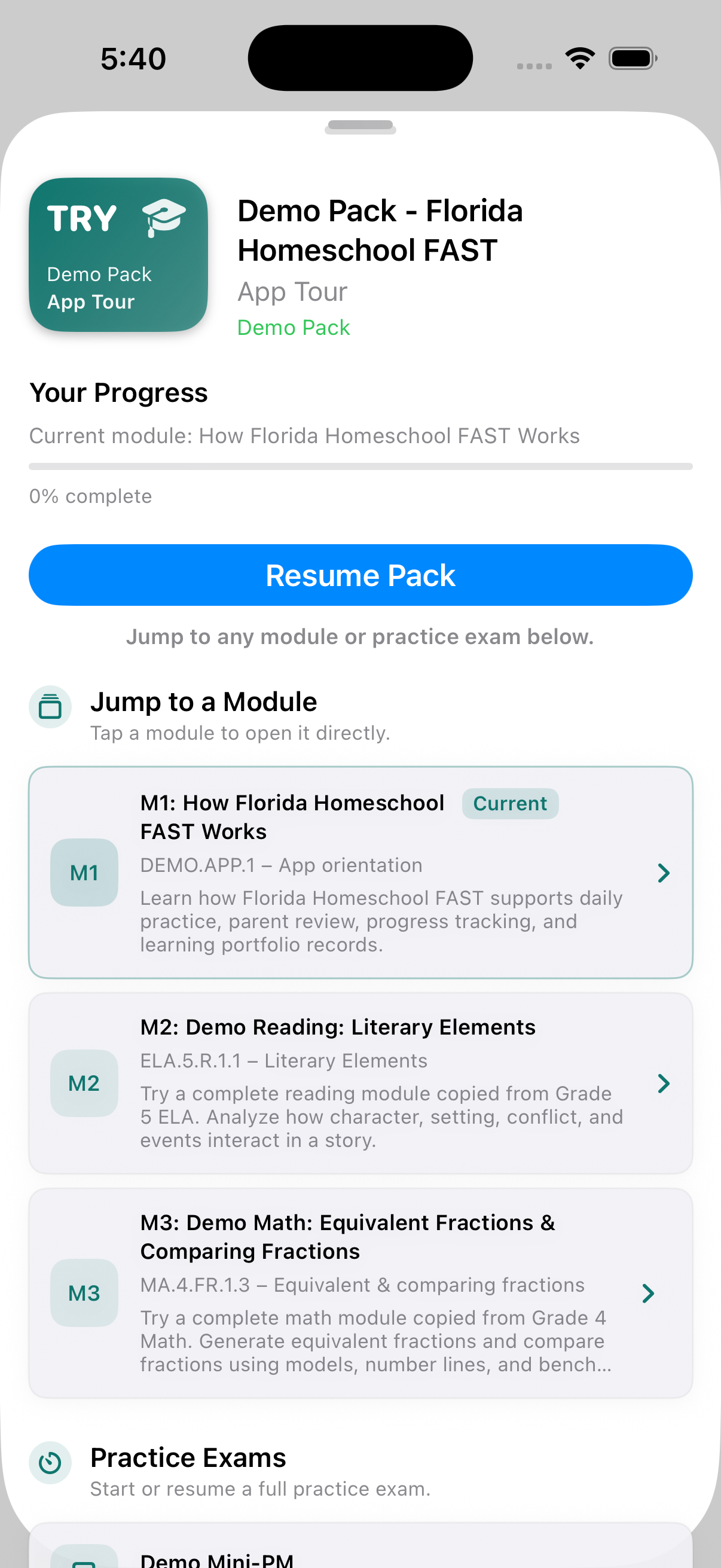 Florida Homeschool FAST pack detail showing modules and practice exams