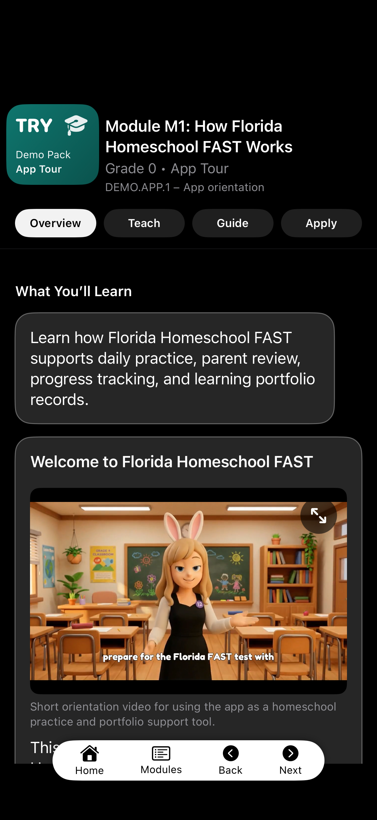 Shared GoVenus module overview interface shown in Florida Homeschool FAST