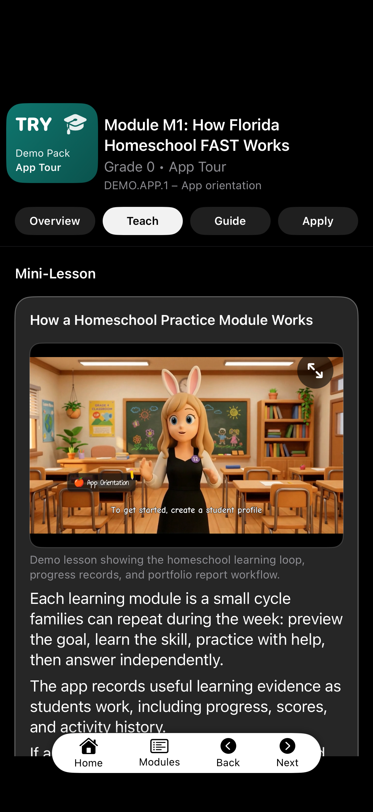 Shared GoVenus teaching interface shown in Florida Homeschool FAST