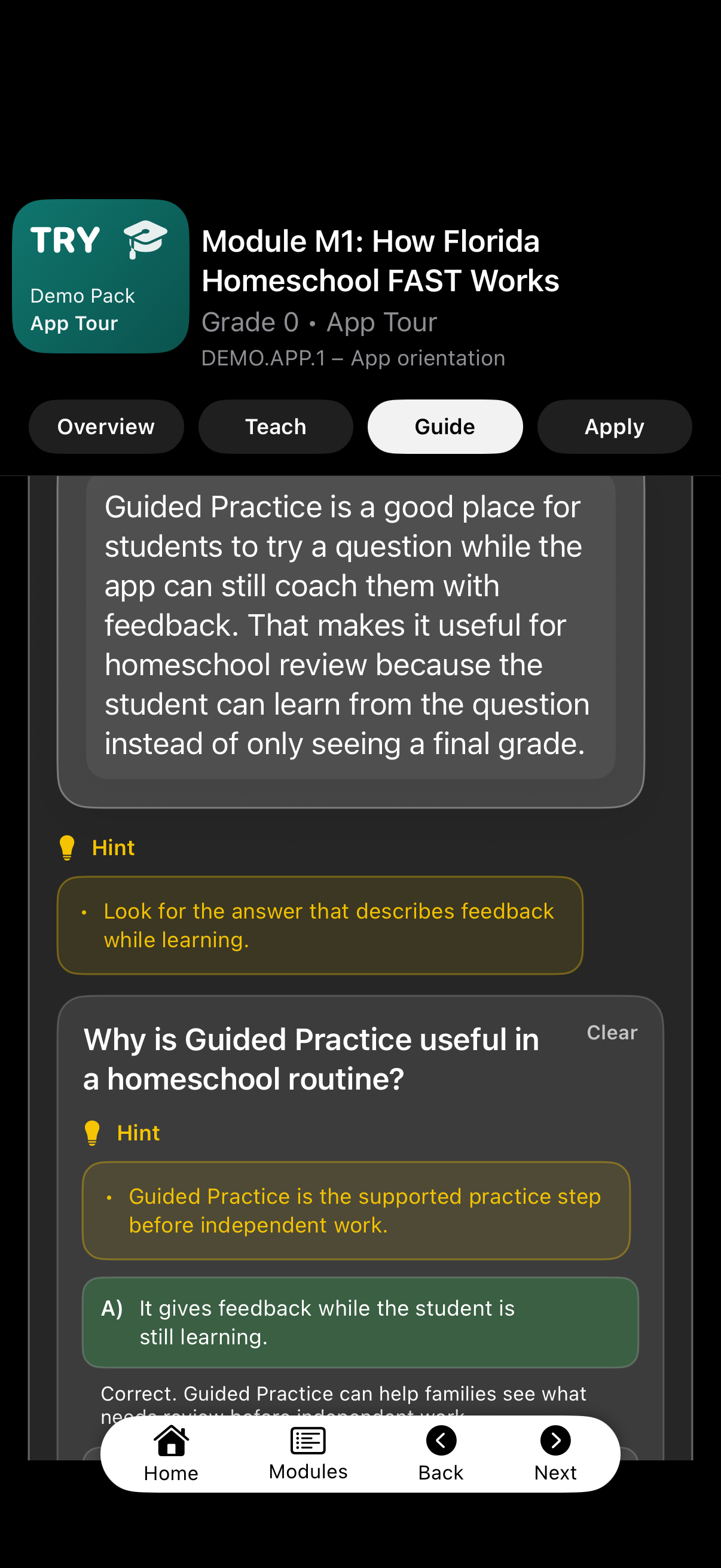 Shared GoVenus guided practice interface shown in Florida Homeschool FAST