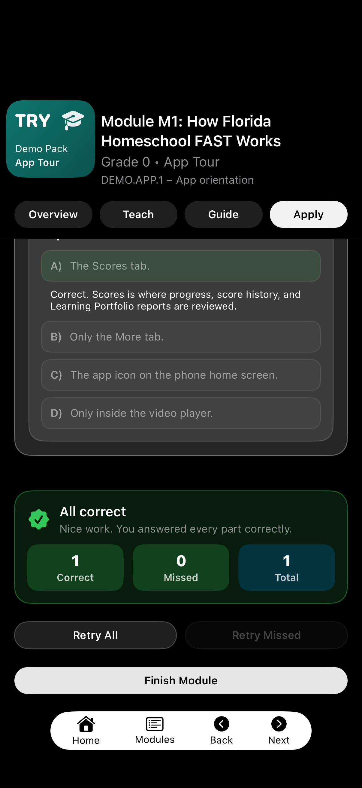 Shared GoVenus apply results interface shown in Florida Homeschool FAST