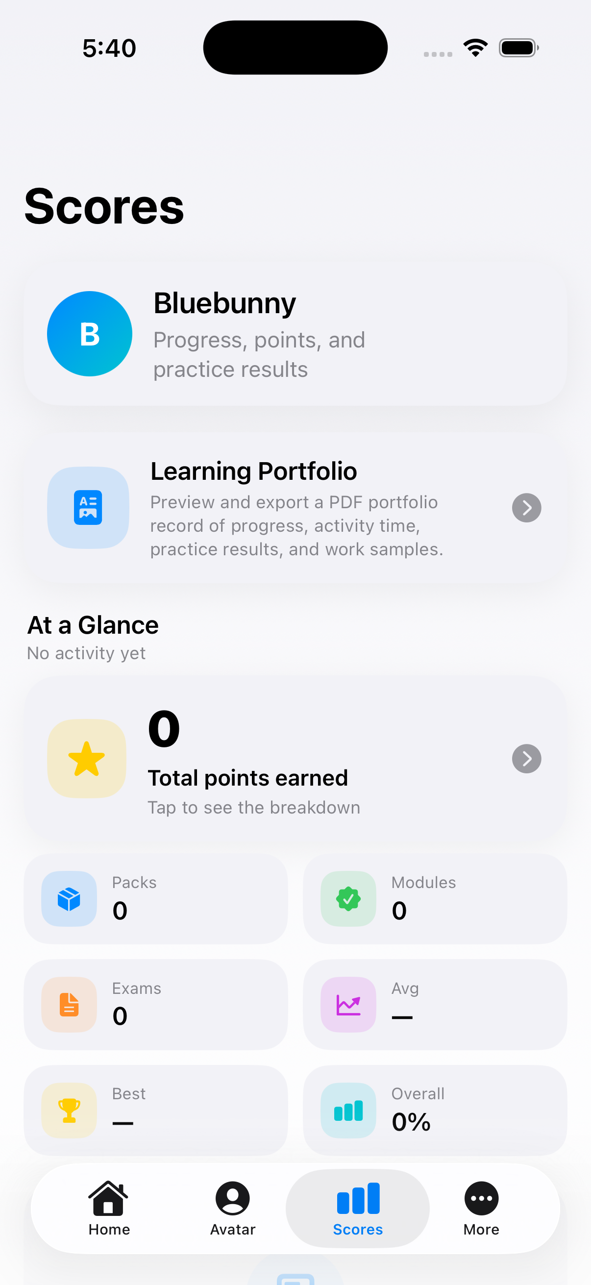 Shared GoVenus scores and learning portfolio screen