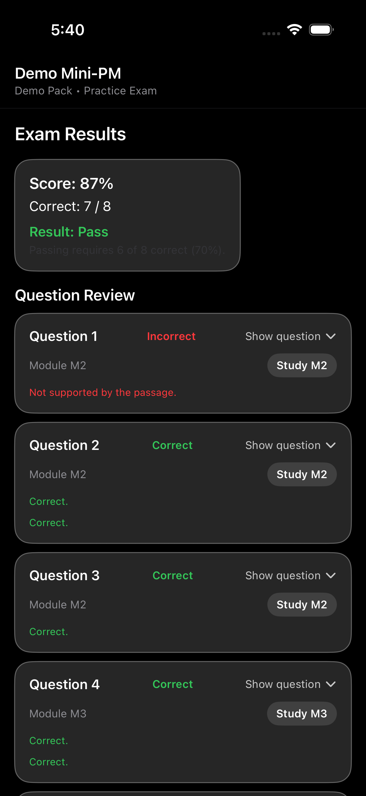 Practice exam results and study buttons